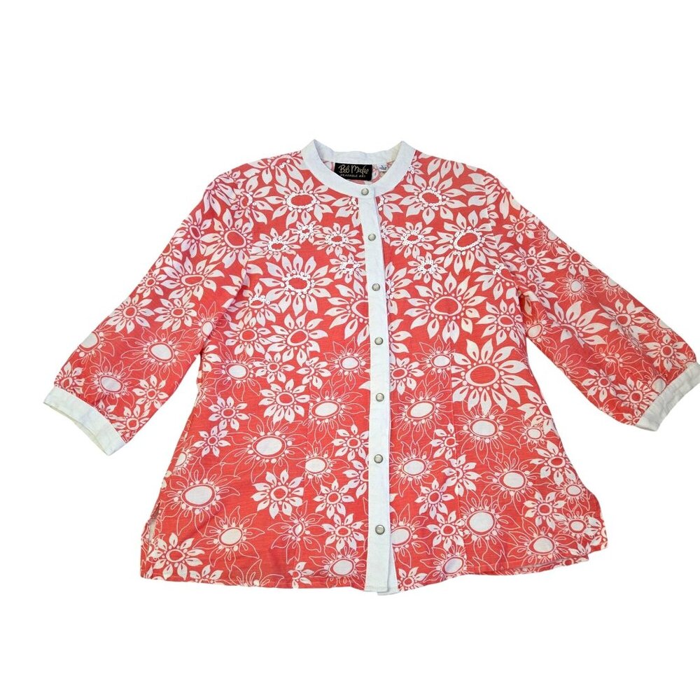 Orange & White Womens M Floral Tunic Top W/ Sequins Accents 3/4 Sleeves Button L